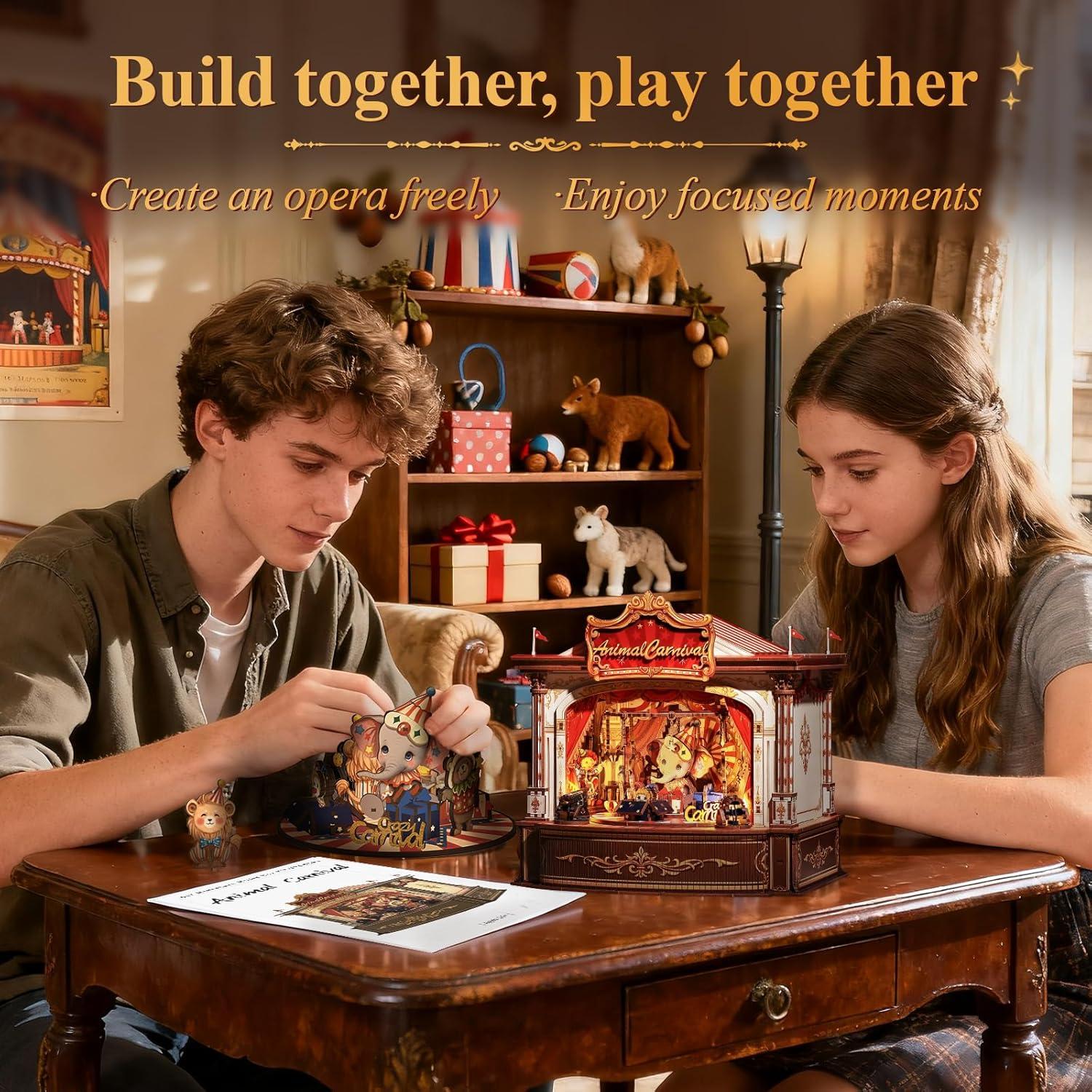 image:imageCUTEBEE 3D Wooden Puzzles Music Box DIY Theater Model Kit with LED Light 413 Pcs Rotating Miniature House Kit for Adults Home Bookshelf Decor Birthday Valentines Day Gifts