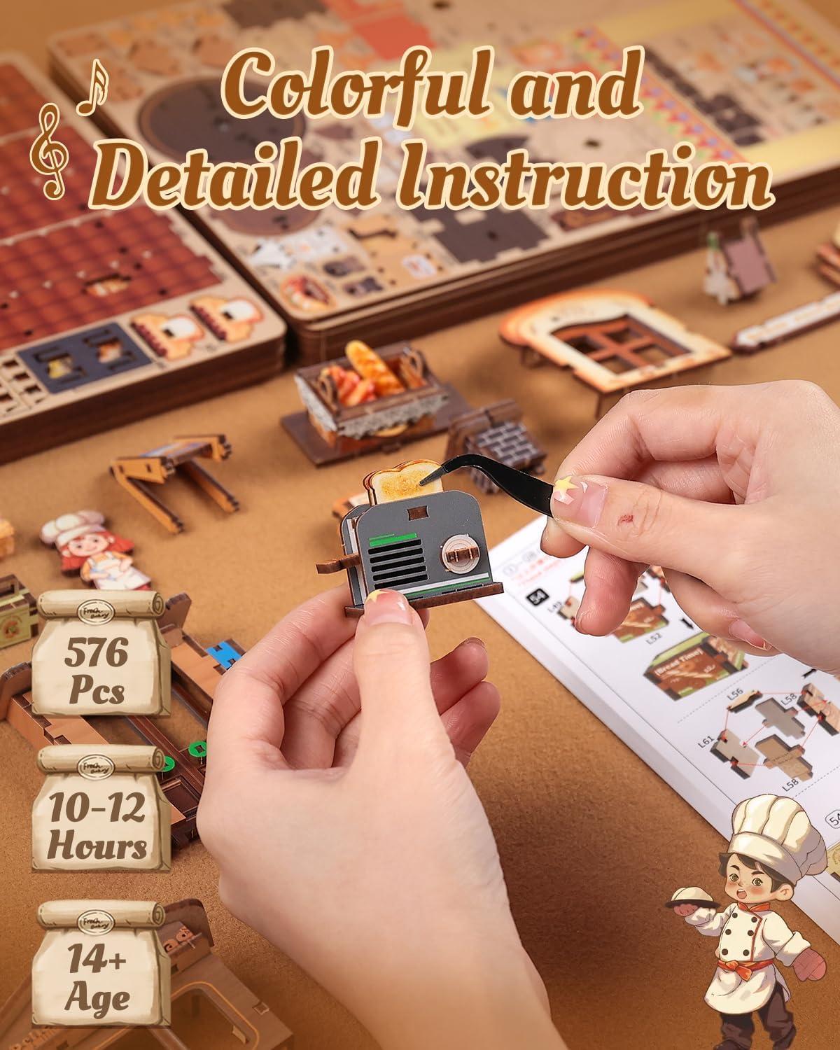image:imageCUTEBEE 3D Wooden Puzzles Music Box DIY Theater Model Kit with LED Light 413 Pcs Rotating Miniature House Kit for Adults Home Bookshelf Decor Birthday Valentines Day Gifts