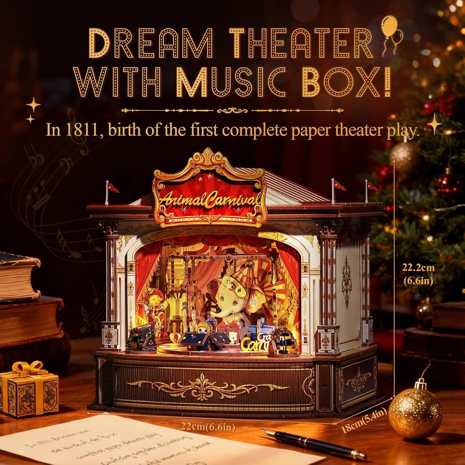 image:imageCUTEBEE 3D Wooden Puzzles Music Box DIY Theater Model Kit with LED Light 413 Pcs Rotating Miniature House Kit for Adults Home Bookshelf Decor Birthday Valentines Day Gifts