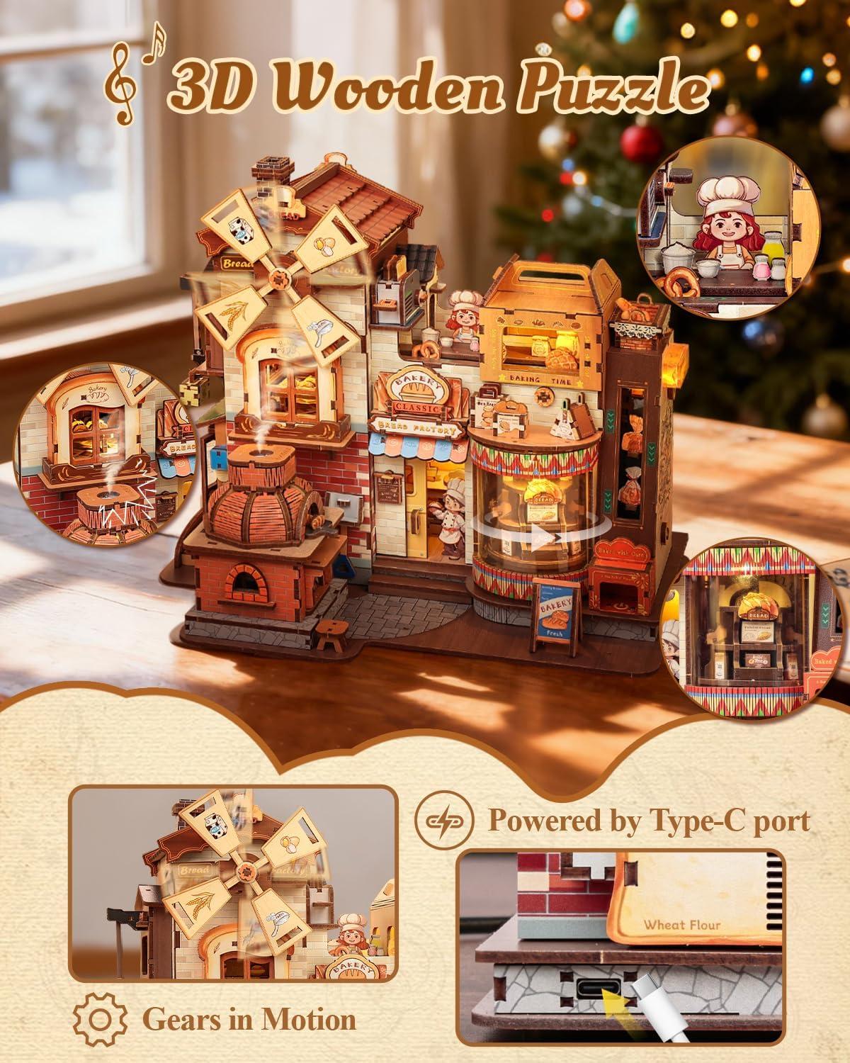 image:imageCUTEBEE 3D Wooden Puzzles Music Box DIY Theater Model Kit with LED Light 413 Pcs Rotating Miniature House Kit for Adults Home Bookshelf Decor Birthday Valentines Day Gifts