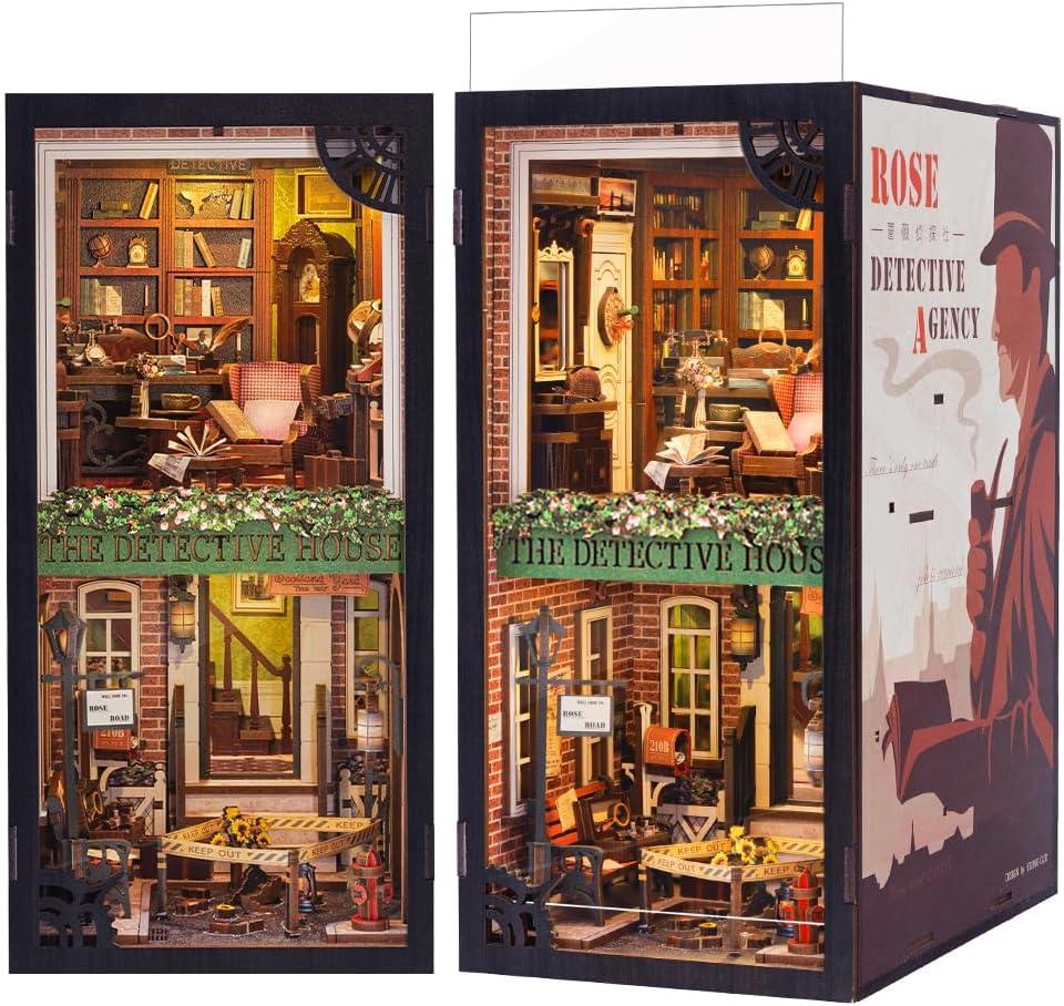 image:imageCUTEBEE DIY Book Nook Kit with Dust Cover DIY Wooden Miniature House Kit Bookshelf Insert Booknook Bookend Stand Bookcase Model Build Creativity Kit Decor Alley with LED Light Rose Detective Agency
