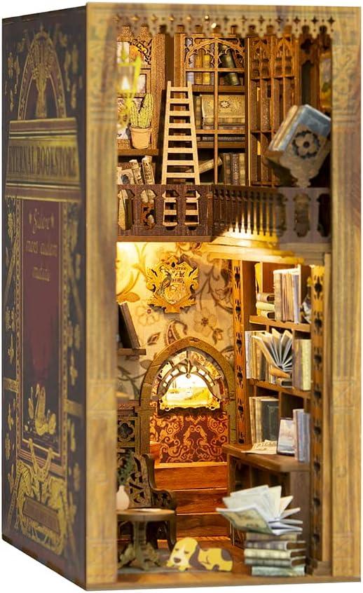 image:imageCUTEBEE DIY Book Nook Kit with Dust Cover DIY Wooden Miniature House Kit Bookshelf Insert Booknook Bookend Stand Bookcase Model Build Creativity Kit Decor Alley with LED Light Rose Detective Agency