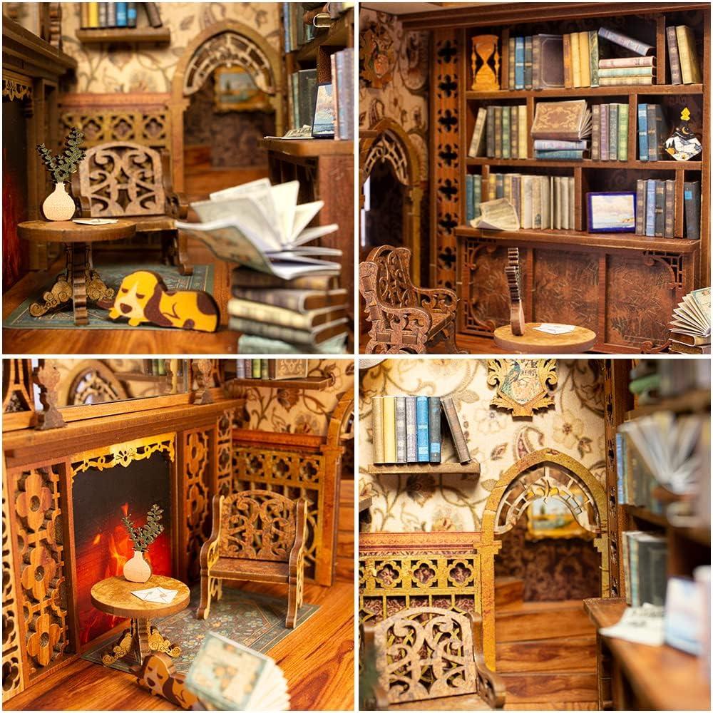 image:imageCUTEBEE DIY Book Nook Kit with Dust Cover DIY Wooden Miniature House Kit Bookshelf Insert Booknook Bookend Stand Bookcase Model Build Creativity Kit Decor Alley with LED Light Rose Detective Agency