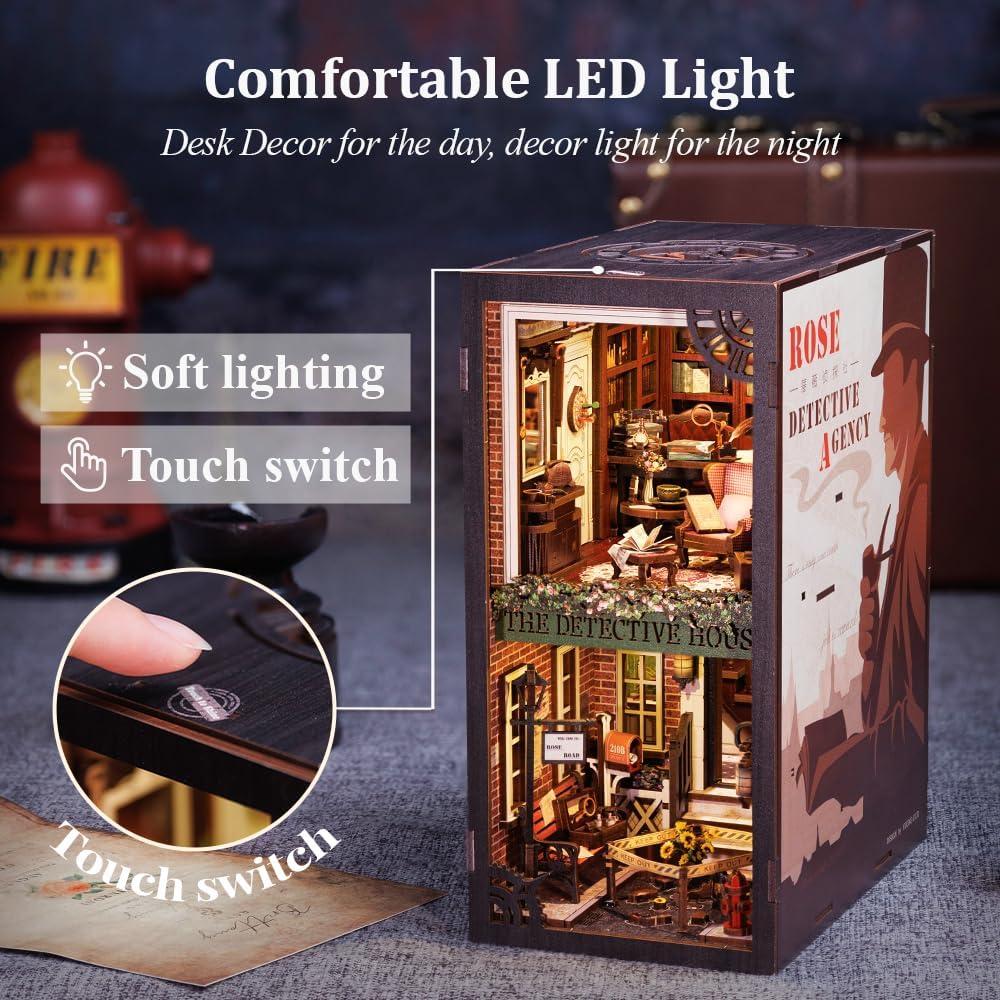 image:imageCUTEBEE DIY Book Nook Kit with Dust Cover DIY Wooden Miniature House Kit Bookshelf Insert Booknook Bookend Stand Bookcase Model Build Creativity Kit Decor Alley with LED Light Rose Detective Agency