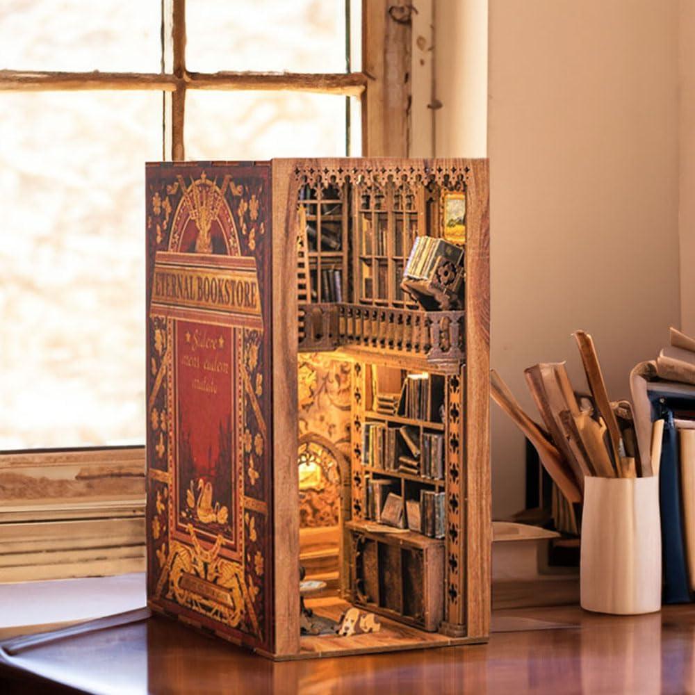 image:imageCUTEBEE DIY Book Nook Kit with Dust Cover DIY Wooden Miniature House Kit Bookshelf Insert Booknook Bookend Stand Bookcase Model Build Creativity Kit Decor Alley with LED Light Rose Detective Agency