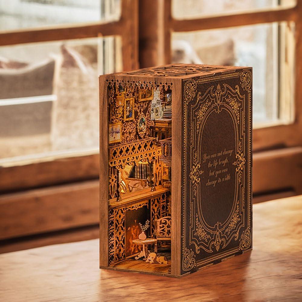 image:imageCUTEBEE DIY Book Nook Kit with Dust Cover DIY Wooden Miniature House Kit Bookshelf Insert Booknook Bookend Stand Bookcase Model Build Creativity Kit Decor Alley with LED Light Rose Detective Agency