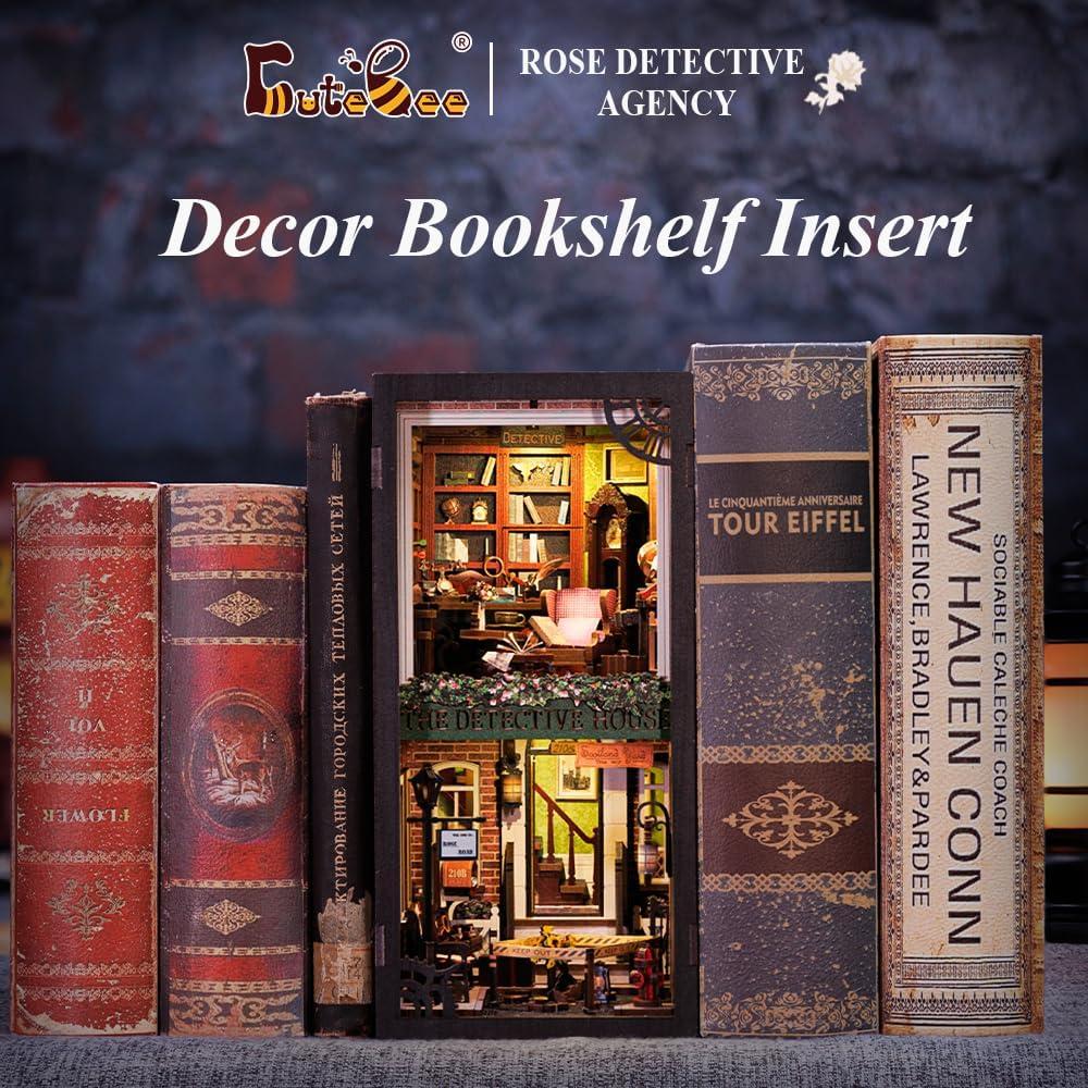 image:imageCUTEBEE DIY Book Nook Kit with Dust Cover DIY Wooden Miniature House Kit Bookshelf Insert Booknook Bookend Stand Bookcase Model Build Creativity Kit Decor Alley with LED Light Rose Detective Agency