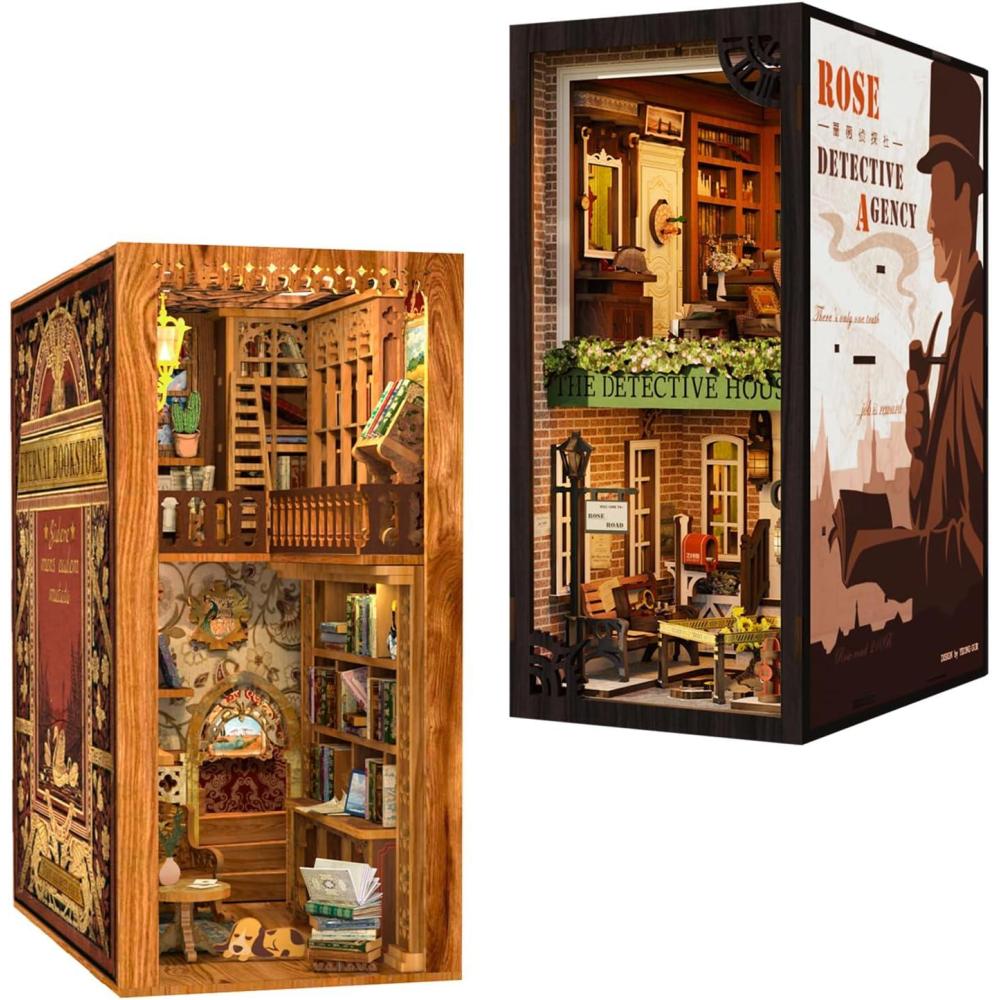 image:imageCUTEBEE DIY Book Nook Kit with Dust Cover DIY Wooden Miniature House Kit Bookshelf Insert Booknook Bookend Stand Bookcase Model Build Creativity Kit Decor Alley with LED Light Rose Detective Agency