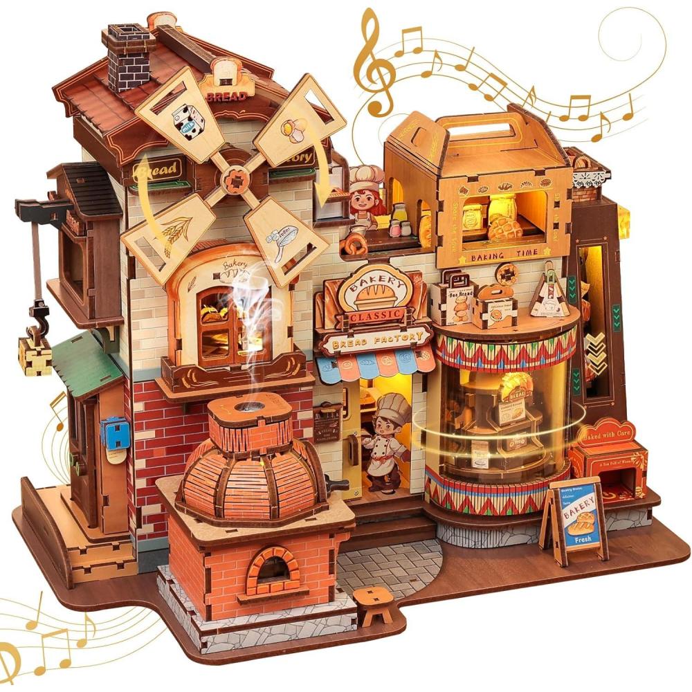 image:imageCUTEBEE 3D Wooden Model Building Kit Music Box DIY Diorama Kit with LED Light Music Atomization Smoke TypeC Power amp 360 Rotating Display Home Decor Gifts for Teens amp Adults Bread Factory