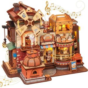 CUTEBEE 3D Wooden Model Building Kit Music Box – DIY Diorama Kit with LED Light, Music, Atomization Smoke, Type-C Power & 360° Rotating Display, Home Decor, Gifts for Teens & Adults (Bread Factory)