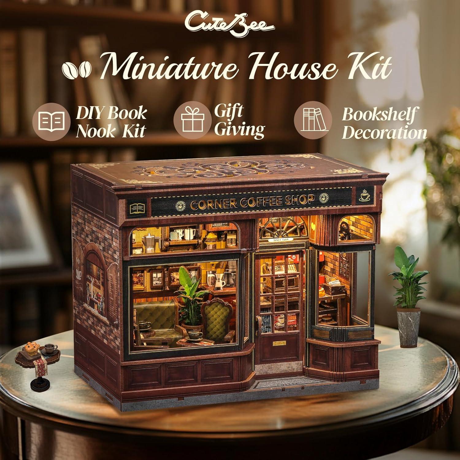 image:imageCUTEBEE Book Nook Kit DIY Miniature House Coffee Shop Dollhouse Kit for Adults and Teens Booknook Tiny House Bookshelf Decor 3D Wooden Puzzle Gifts for Family Friends