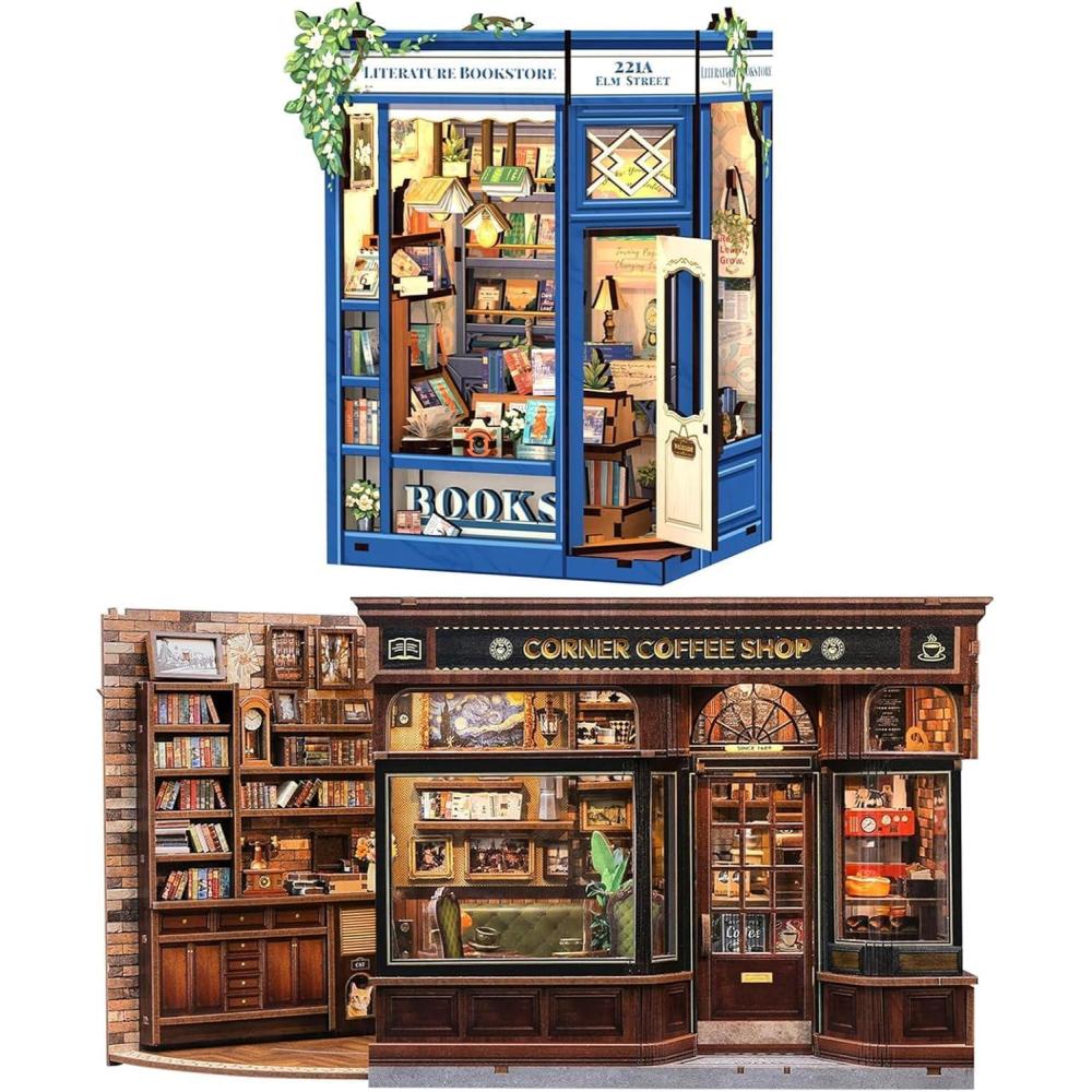 image:imageCUTEBEE 2 Pack Book Nook Kit DIY Miniature House Dollhouse Kit for Adults and Teens Bookshelf Decor 3D Wooden Puzzle Gifts for Family Friends Corner Coffee Shop amp Literature Bookstore
