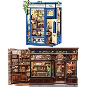 CUTEBEE 2 Pack Book Nook Kit – DIY Miniature House Dollhouse Kit for Adults and Teens, Bookshelf Decor 3D Wooden Puzzle, Gifts for Family, Friends (Corner Coffee Shop & Literature Bookstore)