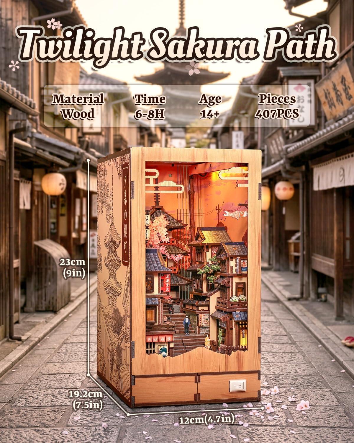 image:imageCUTEBEE 3D Wooden Model Building Kit DIY Diorama Kit Japanese Kyoto Street Book Nook Kit LED Warm Light Miniature House 3D Wooden Puzzle for AdultsCreative Festival Gifts Twilight Sakura Path
