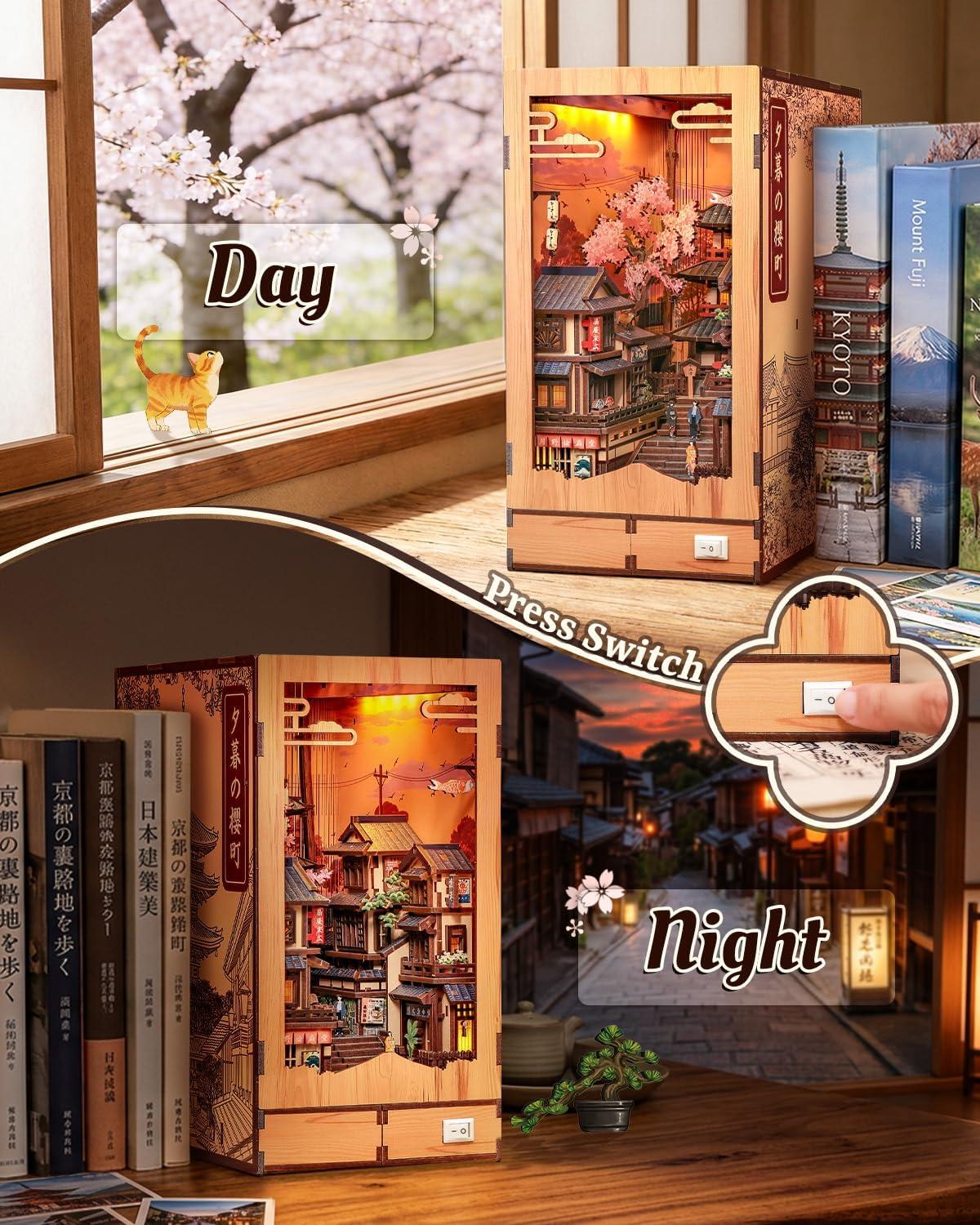 image:imageCUTEBEE 3D Wooden Model Building Kit DIY Diorama Kit Japanese Kyoto Street Book Nook Kit LED Warm Light Miniature House 3D Wooden Puzzle for AdultsCreative Festival Gifts Twilight Sakura Path