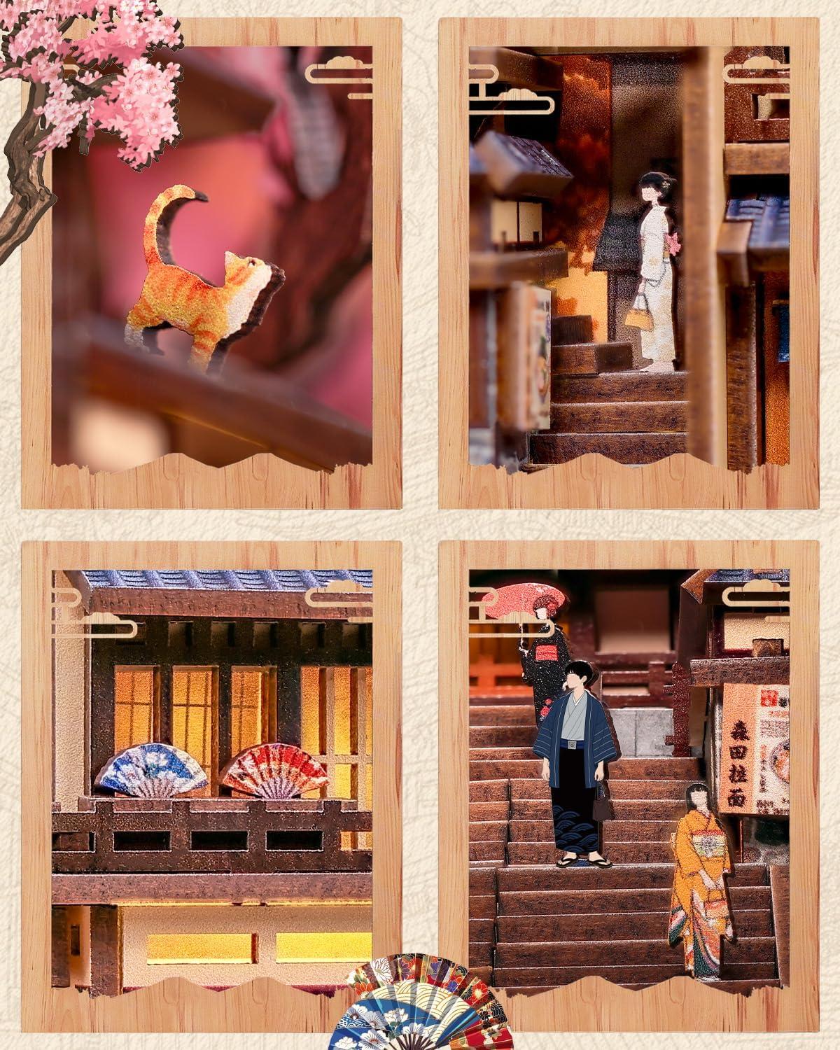 image:imageCUTEBEE 3D Wooden Model Building Kit DIY Diorama Kit Japanese Kyoto Street Book Nook Kit LED Warm Light Miniature House 3D Wooden Puzzle for AdultsCreative Festival Gifts Twilight Sakura Path