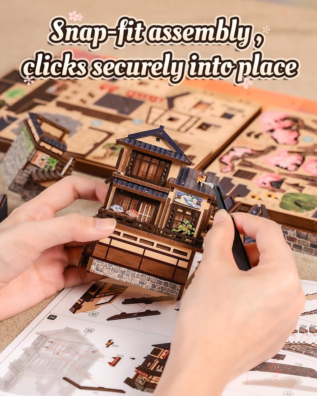 image:imageCUTEBEE 3D Wooden Model Building Kit DIY Diorama Kit Japanese Kyoto Street Book Nook Kit LED Warm Light Miniature House 3D Wooden Puzzle for AdultsCreative Festival Gifts Twilight Sakura Path