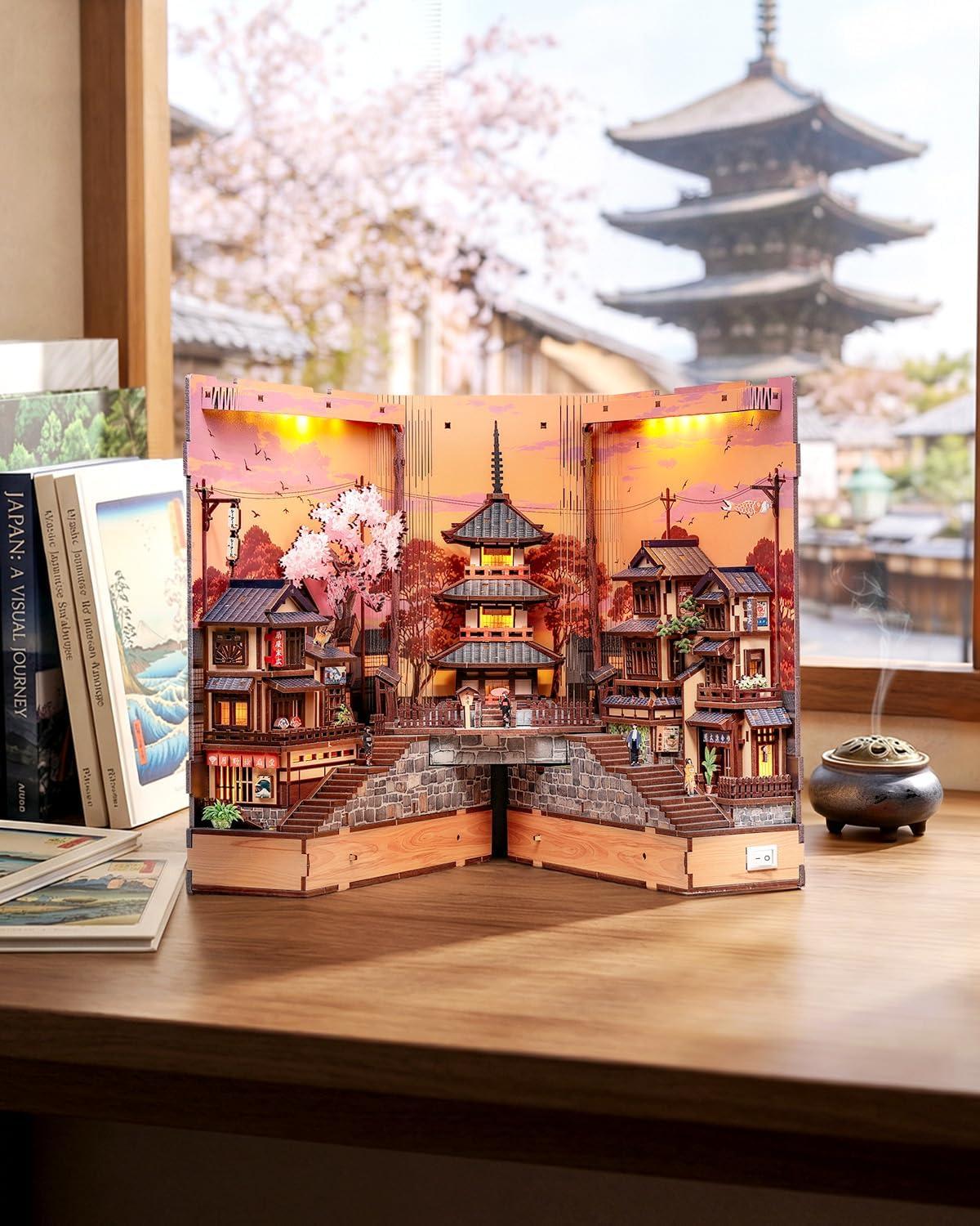 image:imageCUTEBEE 3D Wooden Model Building Kit DIY Diorama Kit Japanese Kyoto Street Book Nook Kit LED Warm Light Miniature House 3D Wooden Puzzle for AdultsCreative Festival Gifts Twilight Sakura Path