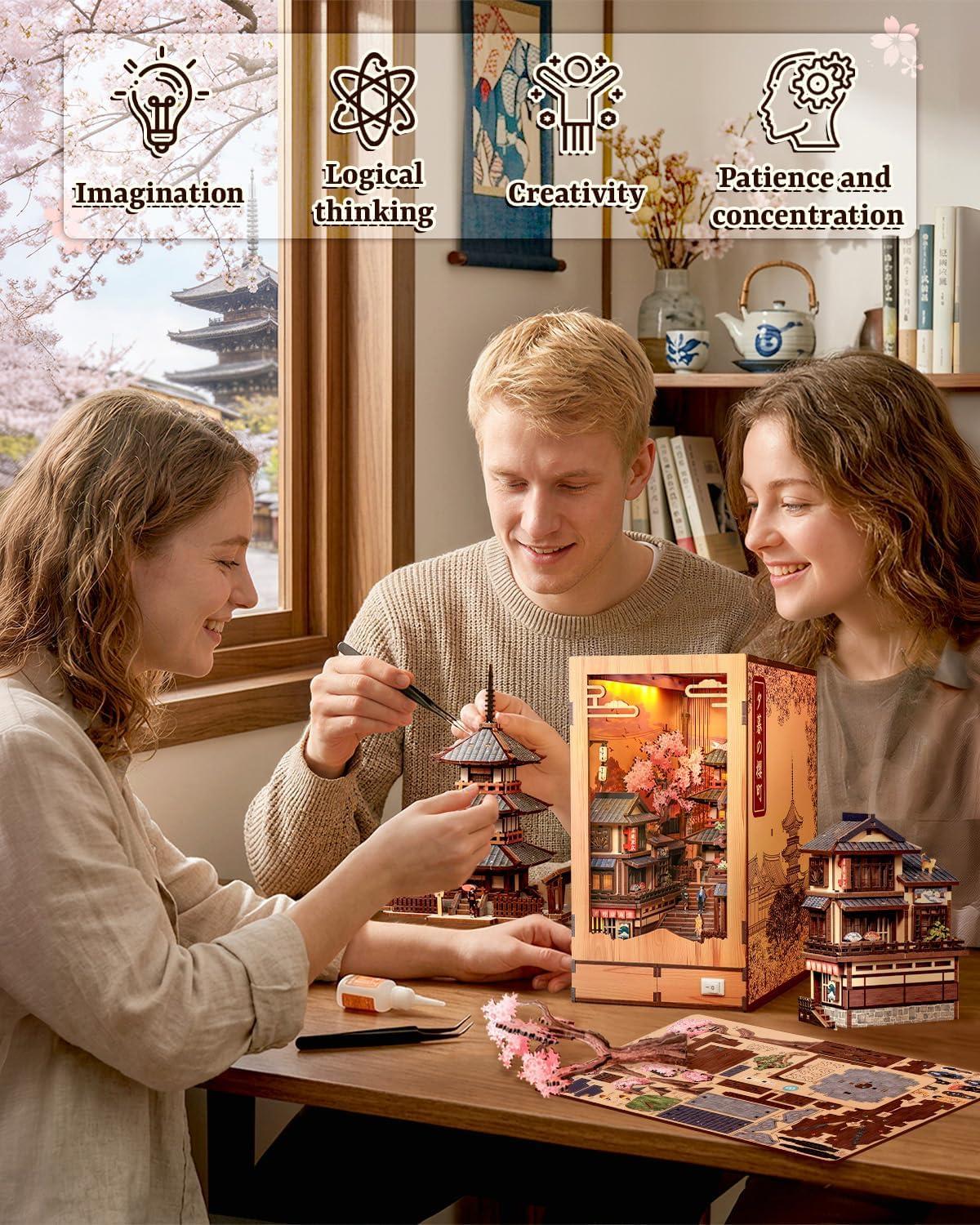image:imageCUTEBEE 3D Wooden Model Building Kit DIY Diorama Kit Japanese Kyoto Street Book Nook Kit LED Warm Light Miniature House 3D Wooden Puzzle for AdultsCreative Festival Gifts Twilight Sakura Path