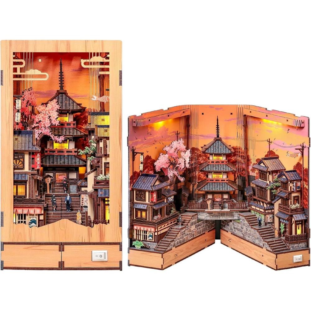 image:imageCUTEBEE 3D Wooden Model Building Kit DIY Diorama Kit Japanese Kyoto Street Book Nook Kit LED Warm Light Miniature House 3D Wooden Puzzle for AdultsCreative Festival Gifts Twilight Sakura Path