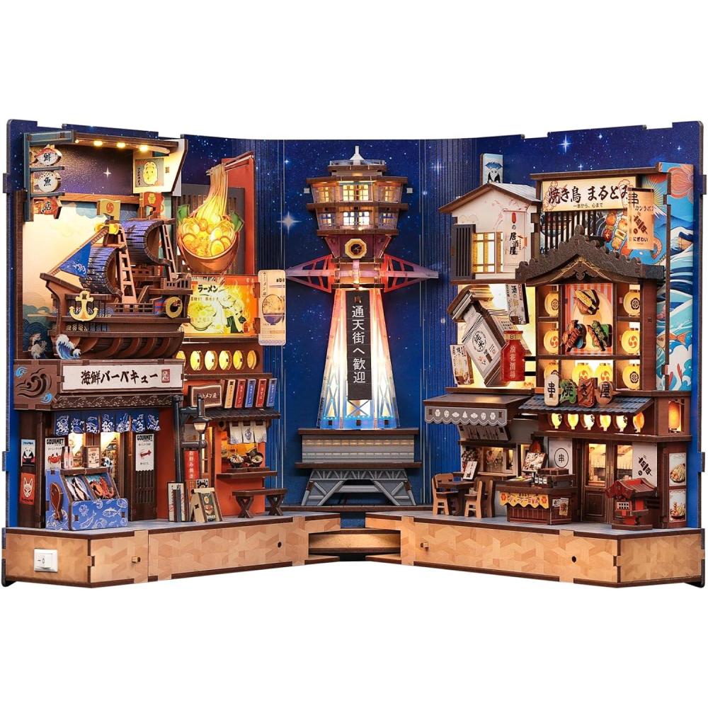 image:imageCUTEBEE Book Nook Kit Japanese Foldable DIY Miniature Dollhouse Warm LED Bookshelf Alley Decor Model Building Kit Gifts for Adults Teens Family Friends Tsutenkaku Ichiban Street