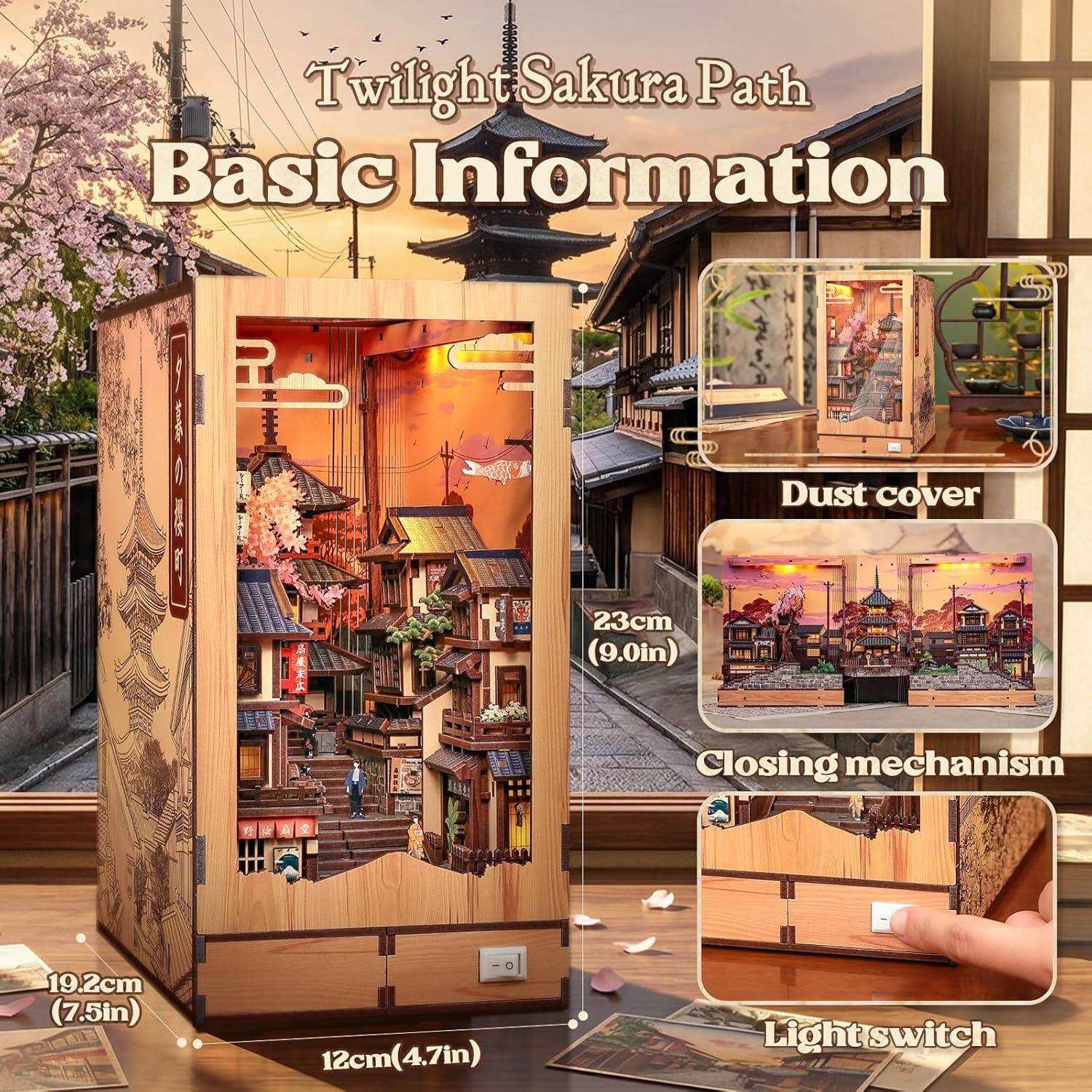 image:imageCUTEBEE Book Nook Kit DIY Miniature House Diorama Kit for Adults Japanese Kyoto Street Booknook Twilight Sakura Path 3D Wooden Puzzle Bookshelf Insert FoldOut Dollhouse Decor Gift