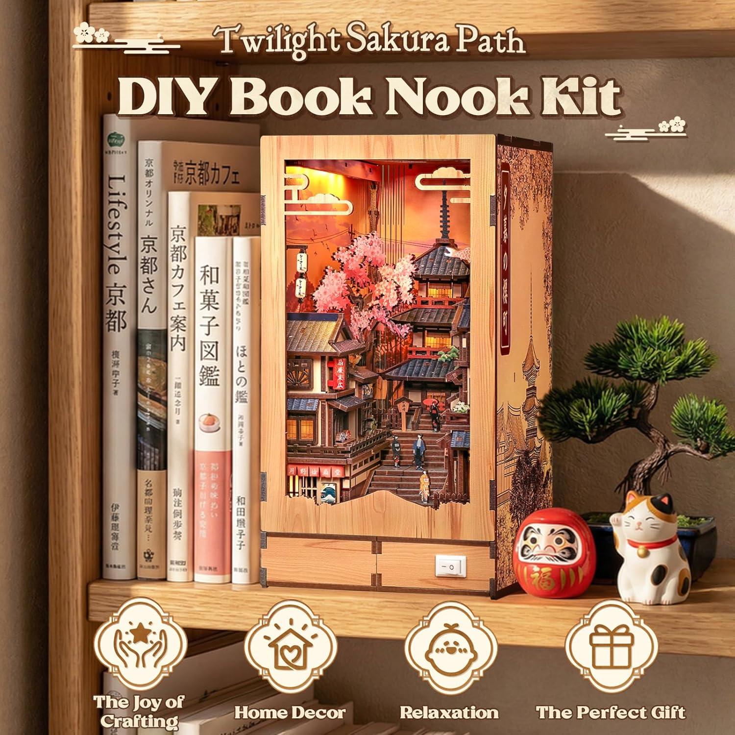 image:imageCUTEBEE Book Nook Kit DIY Miniature House Diorama Kit for Adults Japanese Kyoto Street Booknook Twilight Sakura Path 3D Wooden Puzzle Bookshelf Insert FoldOut Dollhouse Decor Gift