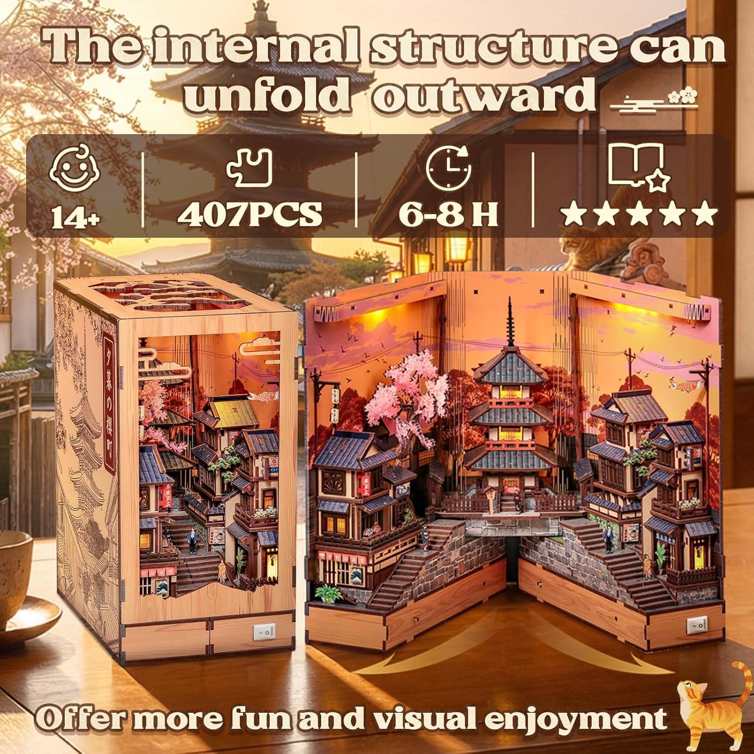 image:imageCUTEBEE Book Nook Kit DIY Miniature House Diorama Kit for Adults Japanese Kyoto Street Booknook Twilight Sakura Path 3D Wooden Puzzle Bookshelf Insert FoldOut Dollhouse Decor Gift