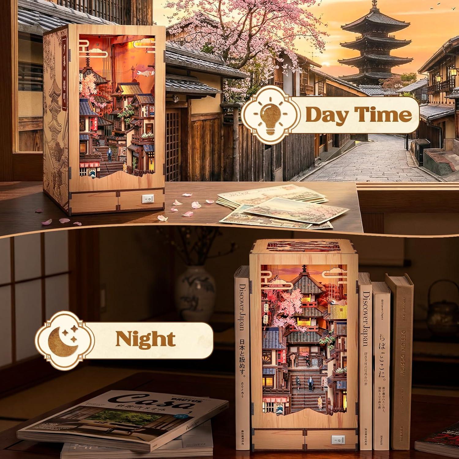 image:imageCUTEBEE Book Nook Kit DIY Miniature House Diorama Kit for Adults Japanese Kyoto Street Booknook Twilight Sakura Path 3D Wooden Puzzle Bookshelf Insert FoldOut Dollhouse Decor Gift