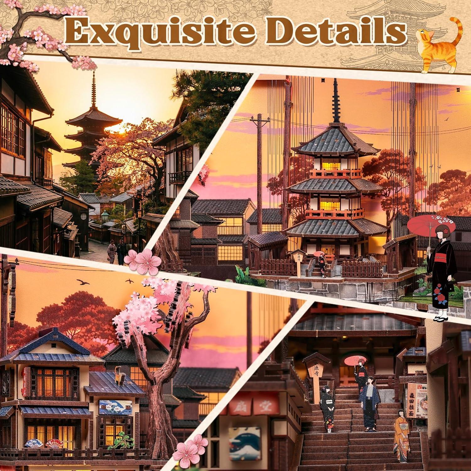 image:imageCUTEBEE Book Nook Kit DIY Miniature House Diorama Kit for Adults Japanese Kyoto Street Booknook Twilight Sakura Path 3D Wooden Puzzle Bookshelf Insert FoldOut Dollhouse Decor Gift