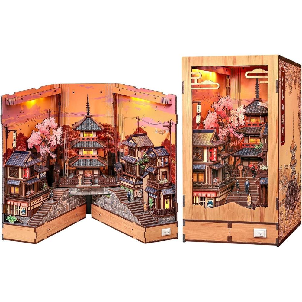 image:imageCUTEBEE Book Nook Kit DIY Miniature House Diorama Kit for Adults Japanese Kyoto Street Booknook Twilight Sakura Path 3D Wooden Puzzle Bookshelf Insert FoldOut Dollhouse Decor Gift