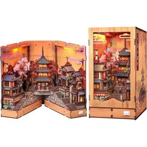 CUTEBEE Book Nook Kit – DIY Miniature House Diorama Kit for Adults, Japanese Kyoto Street Booknook Twilight Sakura Path, 3D Wooden Puzzle Bookshelf Insert, Fold-Out Dollhouse Decor Gift